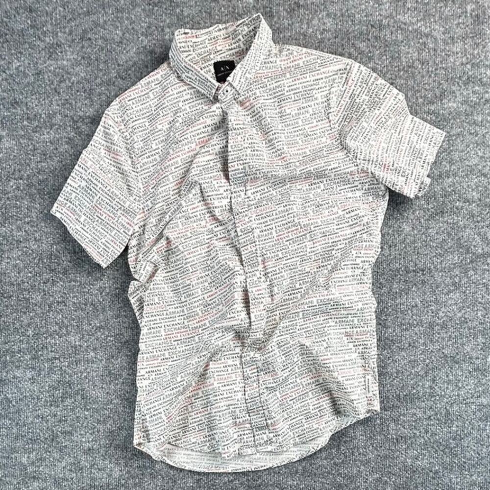 A|X Armani Exchange Men’s M Slim Logo Print Short Sleeve Button Shirt White